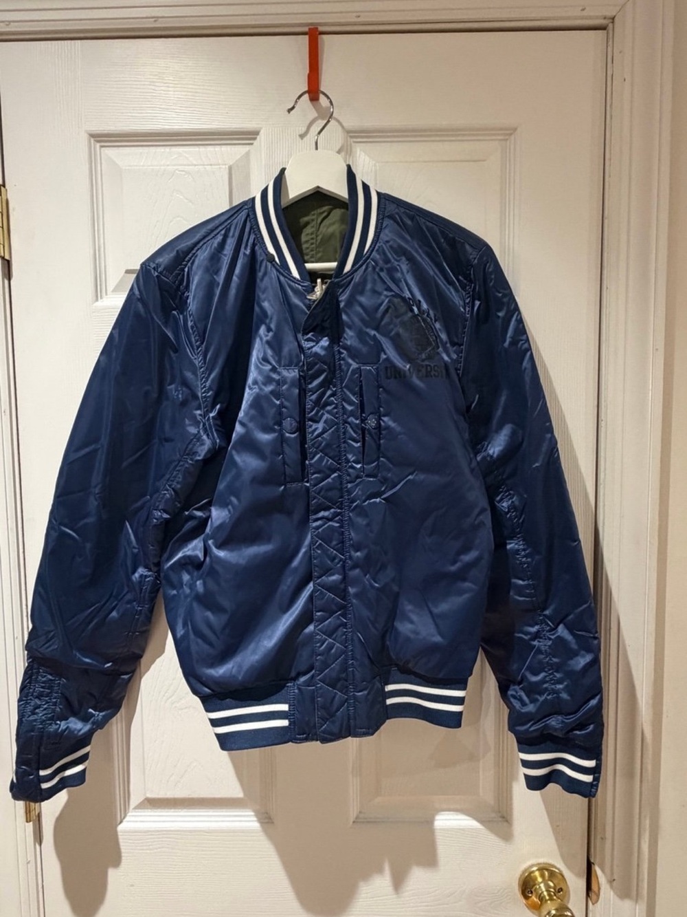 Replay Navy Bomber Jacket with White Stripe Trim